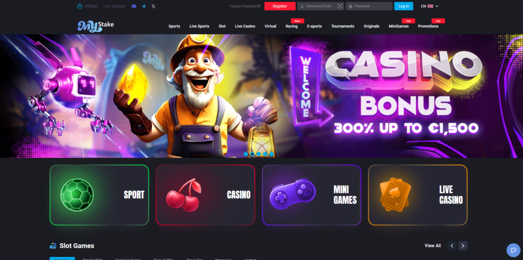 MyStake non GamStop casino homepage showing game lobby and navigation