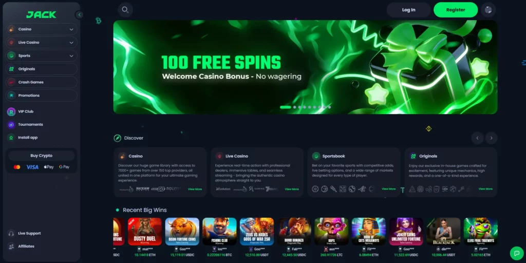 JACK non GamStop crypto casino homepage showing game lobby and sportsbook navigation